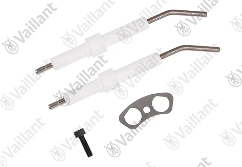 Zwei Zündelektroden mit weißen Halterungen und einem metallischen Ende, zusammen mit einer Montageplatte und einer Schraube. Marke: Vaillant.